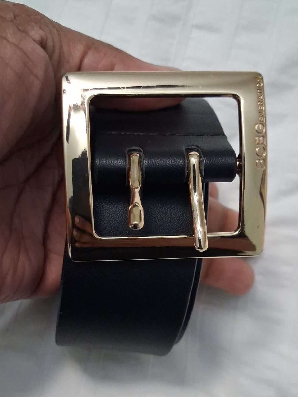 BCBGMaxAzria Black Leather Belt with Gold-Tone Square Buckle